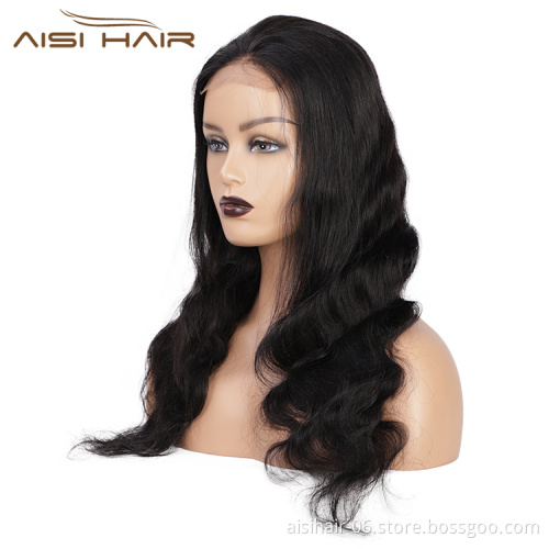 Aisi Hair Top Quality 22 Inch Long Wavy Natural Black Wig Body Wave Swiss Lace Wig Synthetic Hair Lace Front Wigs For Women